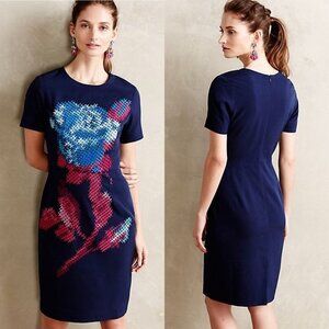 Anthropologie Midnight Garden Pencil Dress Blue Embroidered Pixelated Flower